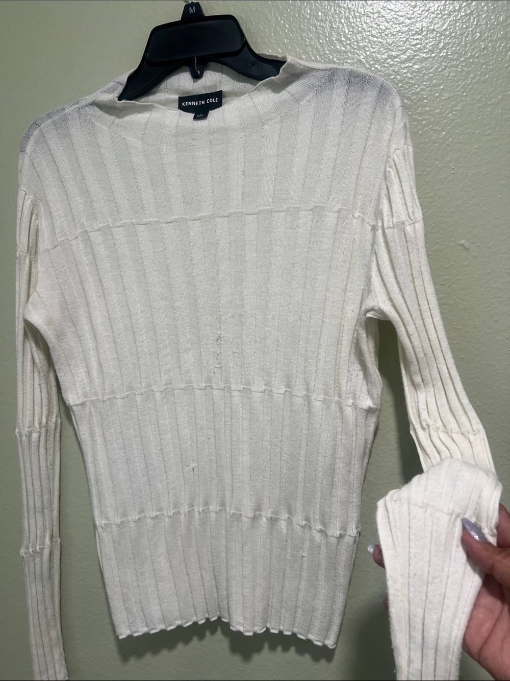 Kenneth Cole Cream Ribbed Crewneck Sweater Top